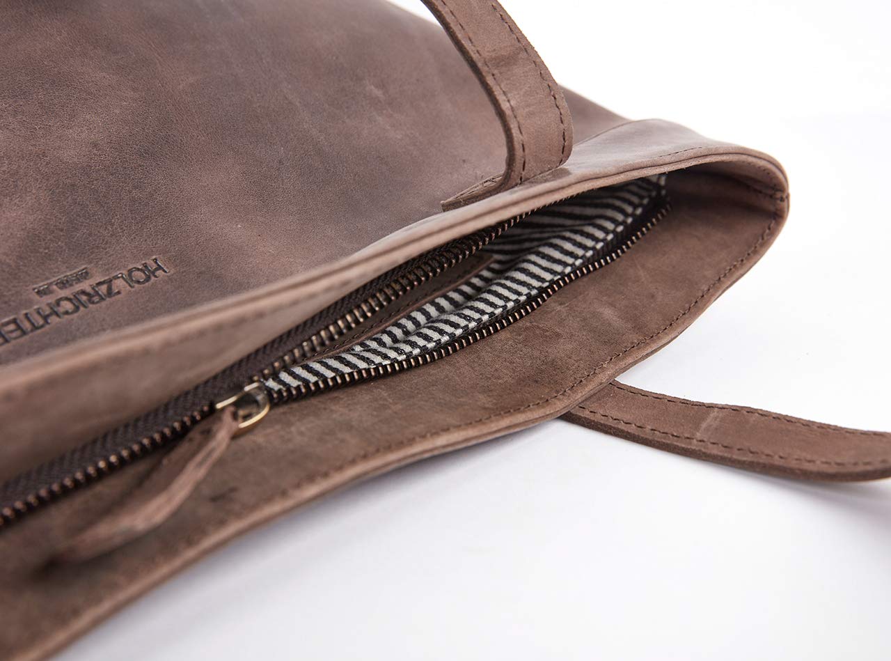 HOLZRICHTER Berlin - Shopper aus Leder No 1-1, Schultertasche 36x35x10cm, Echtleder Einkaufstasche für Damen in Braun, Dunkelbraun