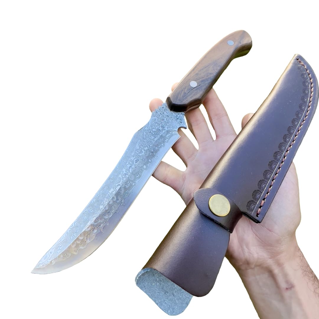 Gran Cuchillo Damasco Forjado a Mano hoja fija suminagashi japonés filo afilado mango de madera funda de cuero vegetal exterior camping senderismo regalo para hombre caza EDC artesanía tanto