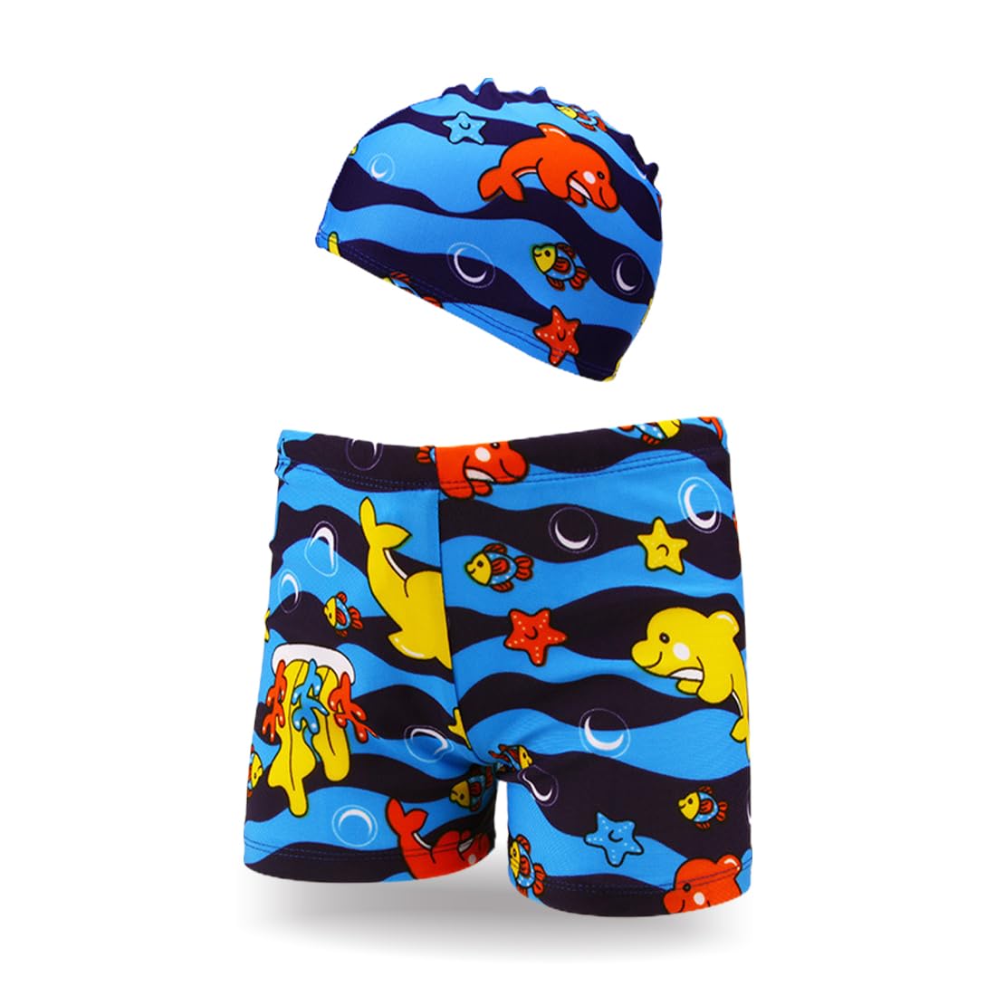 MWUMRCM Juego de 2 Piezas añadores Cortos, Trae Gorro de baño Bañador Natacion Niño 3-10 Años, Conjunto de bañador para niño con diseño de Dibujos Animados y Gorro de baño de Tela