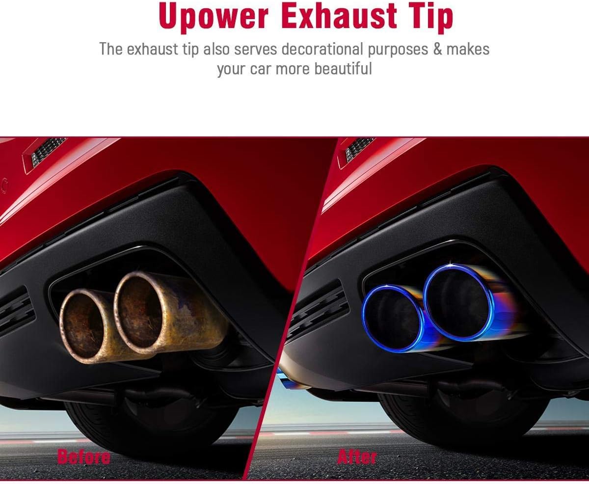 Upower Dual Exhaust Tips 2.25 inch inlet 3 inch outlet 9.2" Long Vacuum Plating Blue 304 Polished Stainless Steel Weld on Staggered Exhaust Tailpipe Tips 2.25" to 3"(Pack of 2)