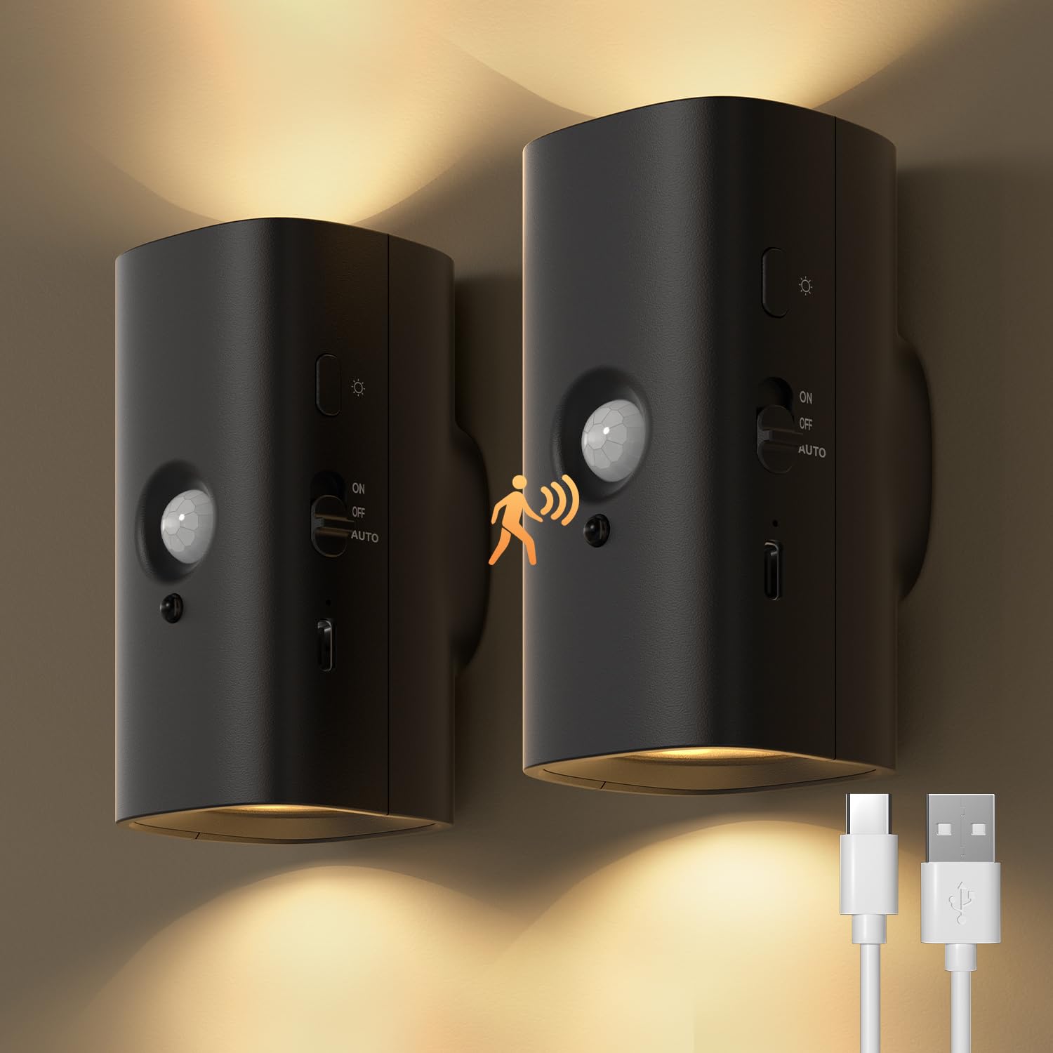 GOODEA Kabellose Nachtlicht mit Bewegungsmelder Ohne Steckdose - 2200mAh Akku Wandleuchte mit Ober-/Unterbeleuchtung, 2 Stück 3 Modi Dimmbar Magnetisches Nachtlampen für Eingang Flur Schlafzimmer Bad