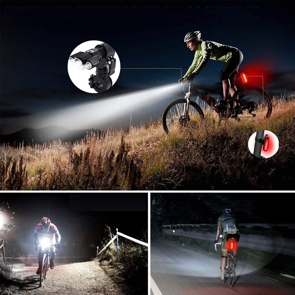 Luci per Bici Davanti e Dietro, USB Ricaricabile Luci per Biciclette con 3 Lampadine, Faro per Bicicletta con 4 modalità di Illuminazione, Fanale Posteriore per Bicicletta Impermeabile, 2 Pezzi