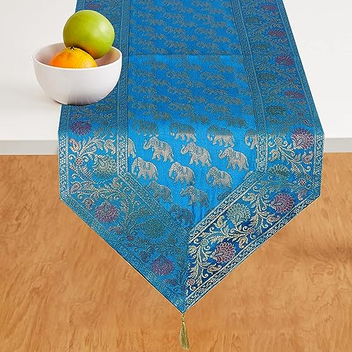 Image of Traditional Brocade Silk Table Runner for Living Room 4 to 6 Seater Dining Table Runner Elephant End Tassels 14x80 Inches (Turquoise)