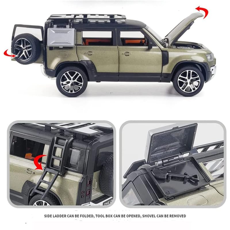 Image of Kids Model 1:24 Land Rover Defender Die Cast Metal Car Pull Back Action Opening Doors with Realistic Engine Sound Lights Toy Car Gift for Boys - Green