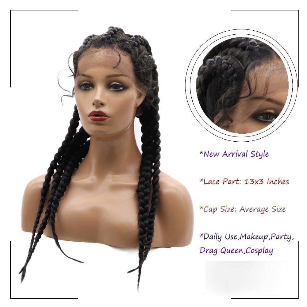 Kalisa Black Braided for Women Synthetic Lace Front Braided Wig Handmade Black 5 Braided Wig with Baby Hair Heat Resistant Fiber Pre Plucked Box Braids for Makeup Party Cosplay