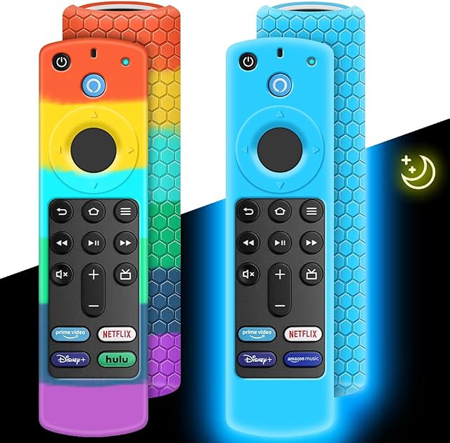 2 Pack Cover for Fire TV Stick 4k 3rd Gen 2021,Case for Alexa Voice Remote Control Replacement Firestick Silicone Sleeve Holder Skin Protective Back New Protector Accessories Piece (Glow Blue,Rainbow)