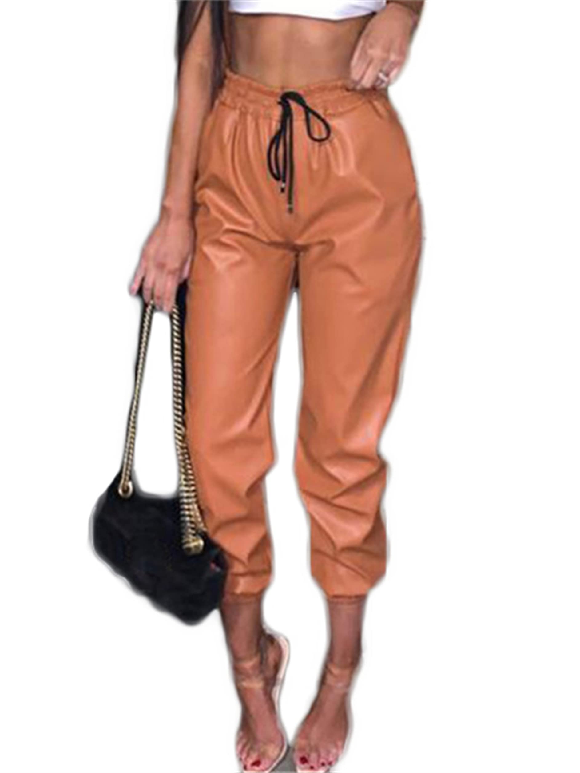 Damskie legginsy ze sztucznej skóry wyglądające na mokre, sznurek, przycięte, zwężane spodnie ze sztucznej skóry z wysokim stanem, seksowne legginsy (brązowy L)