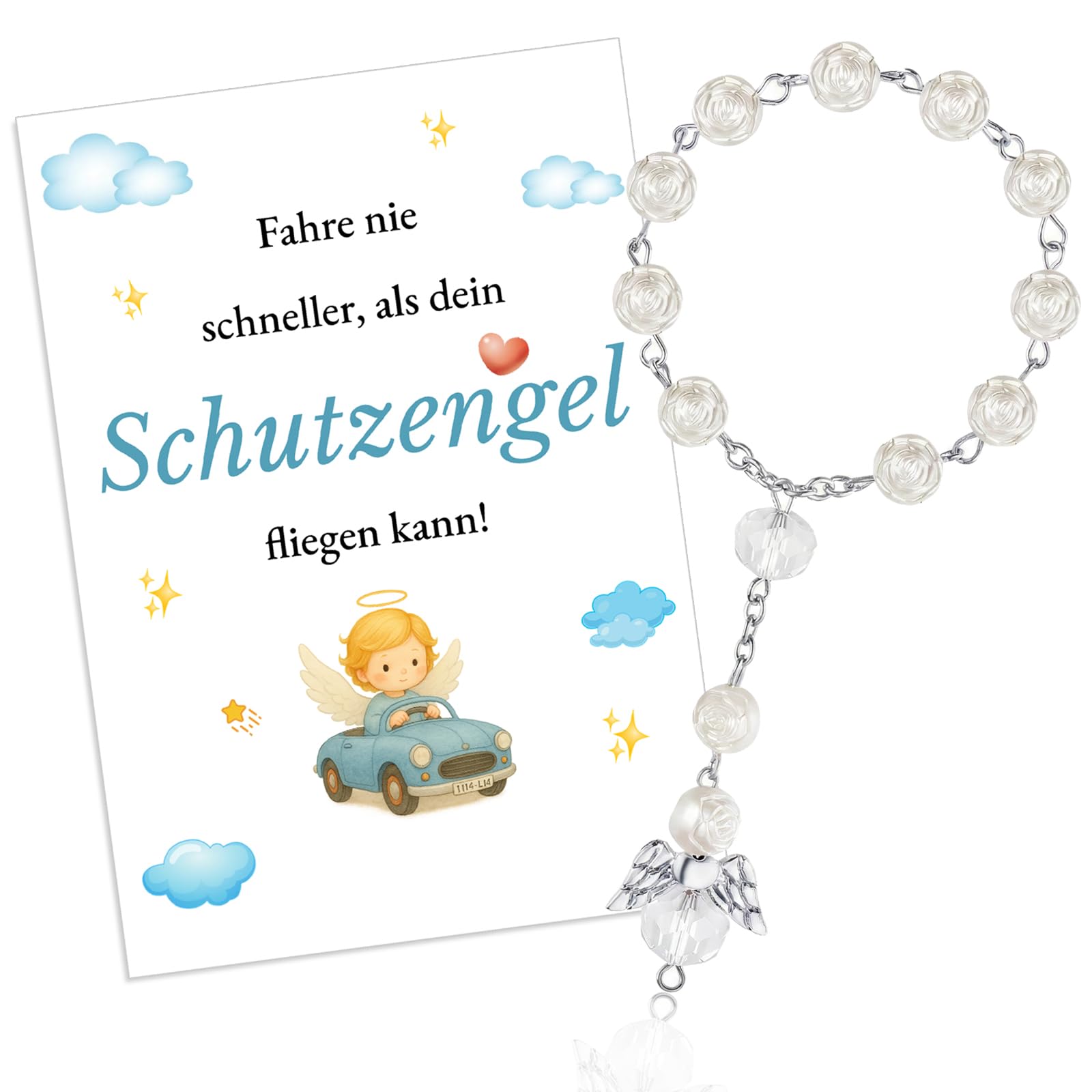 Schutzengel Auto Anhänger, Glücksbringer Auto Deko Innenraum, Autospiegel Anhänger mit Rosenkranz, Schutzengel Geschenk für Neuwagen oder Führerscheinbestandene