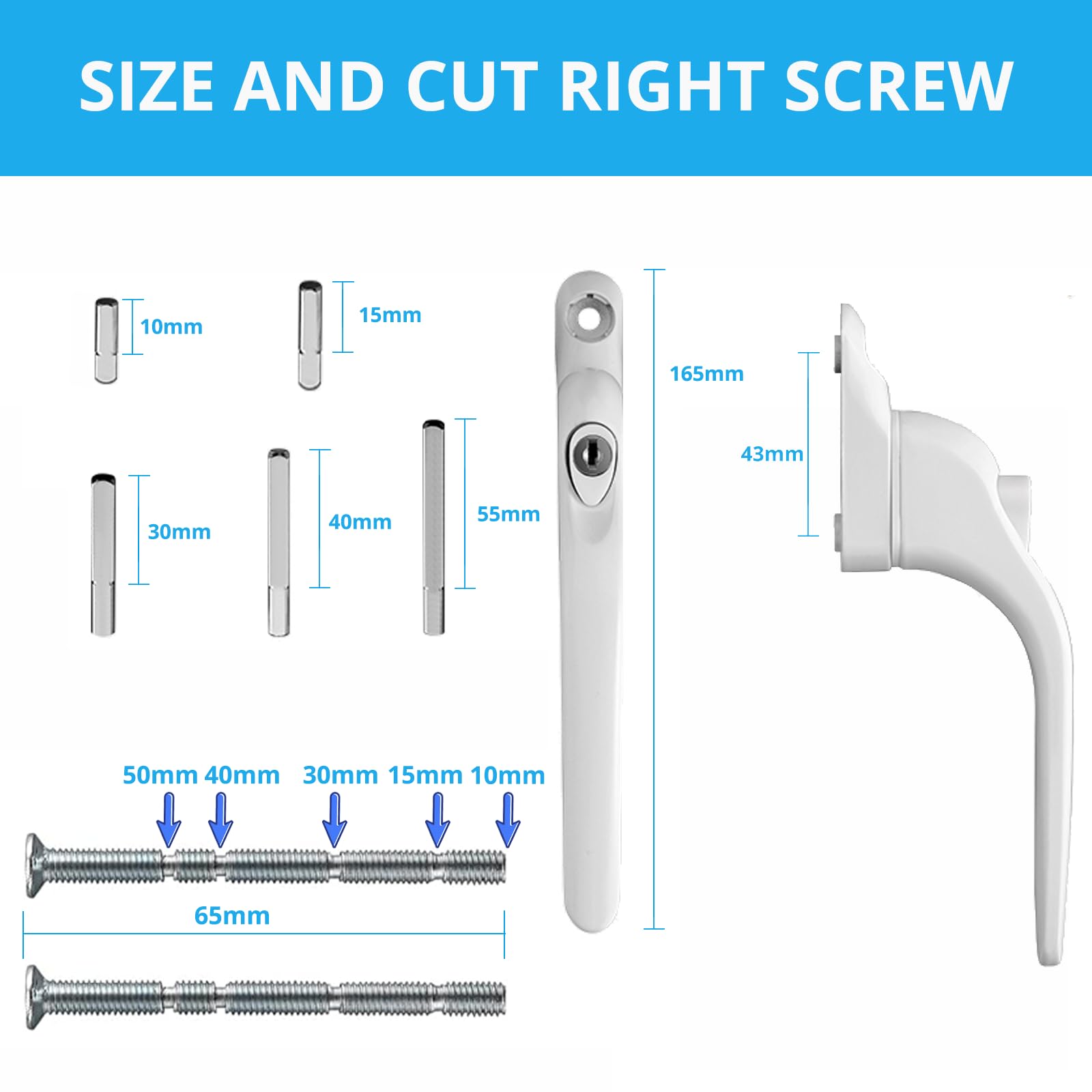 WODSTA UPVC Window Handle 2PCS Lockable Window Handle Aluminum White Window Handles for UPVC Windows with Key for 10/15/30/40/55mm - Image 2
