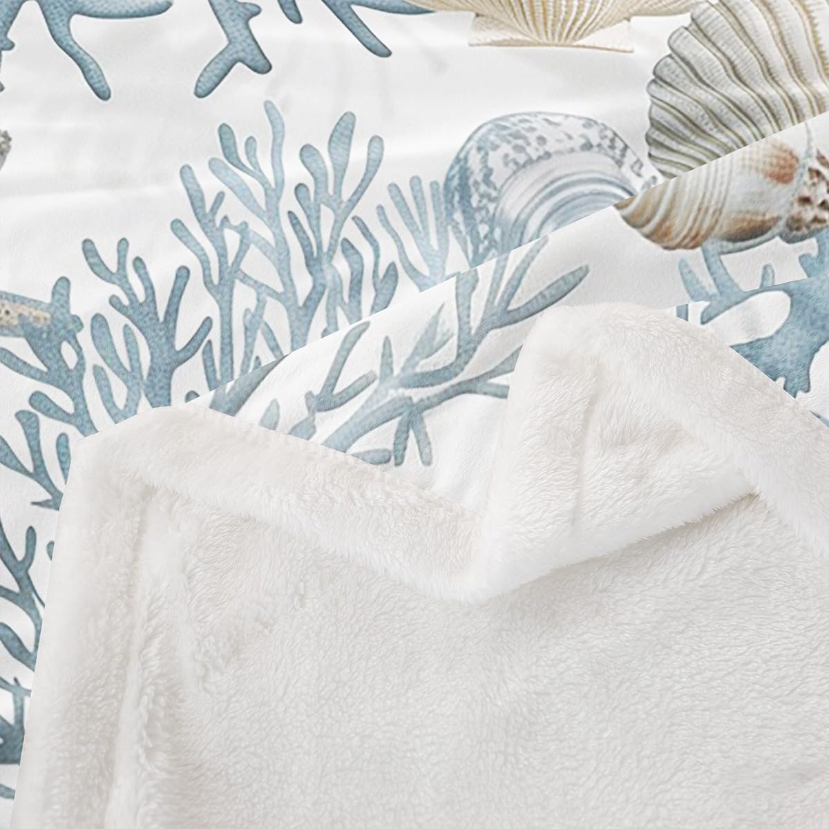 Erosebridal Nautical Seashell Starfish Fleece Blanket Queen 90x90 Blue Coastal Ocean Beach Sherpa Blanket Coral Sea Decor Set Marine Life Underwater Fuzzy Plush Throw