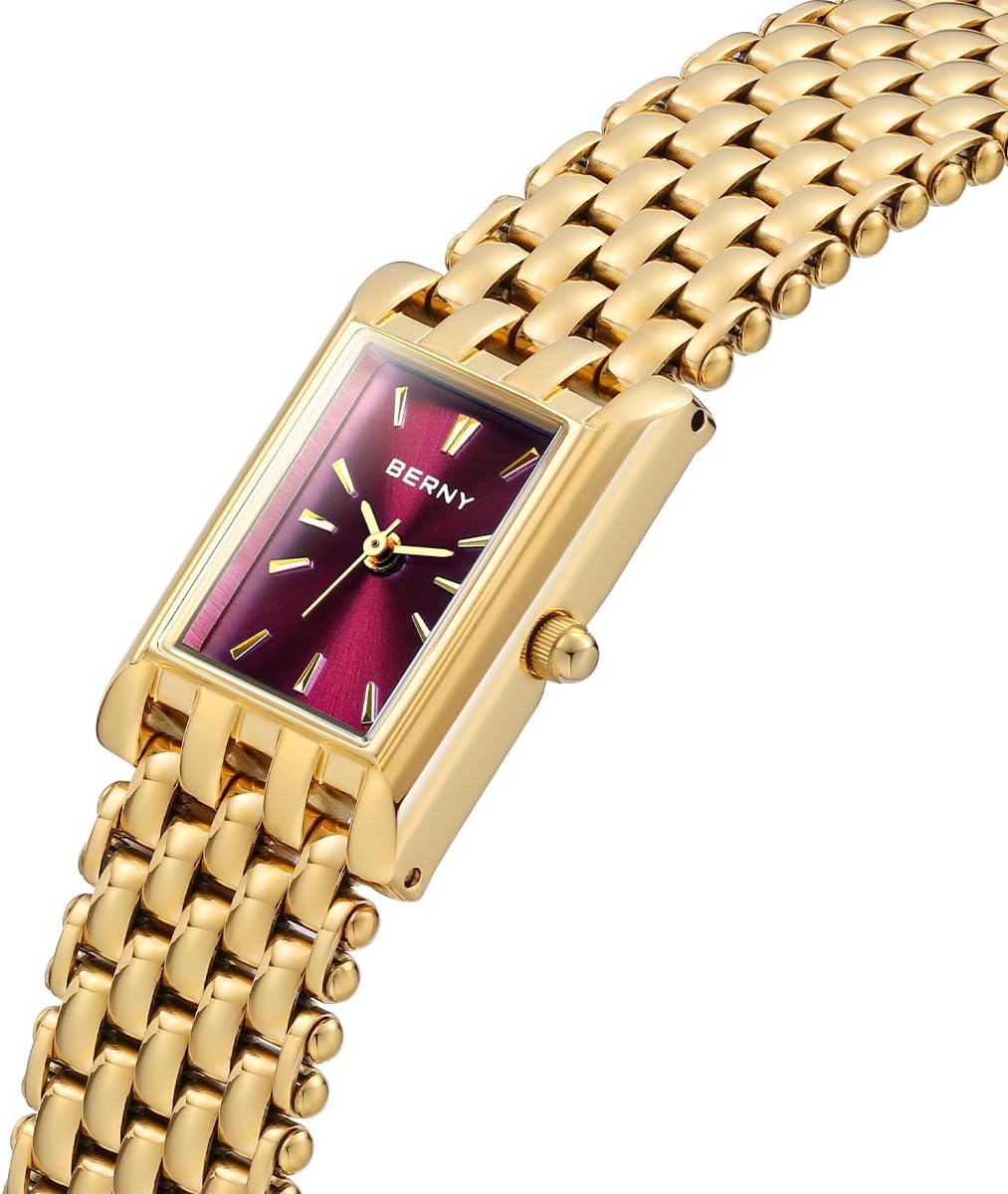 BERNY Dainty Gold Watch for Women, Rectangular Women's Wrist Watch, Small Fashion Ladies Bracelet - All Stainless Steel, Waterproof, Sun-ray Dial, Luxury Birthday Present - Image 2