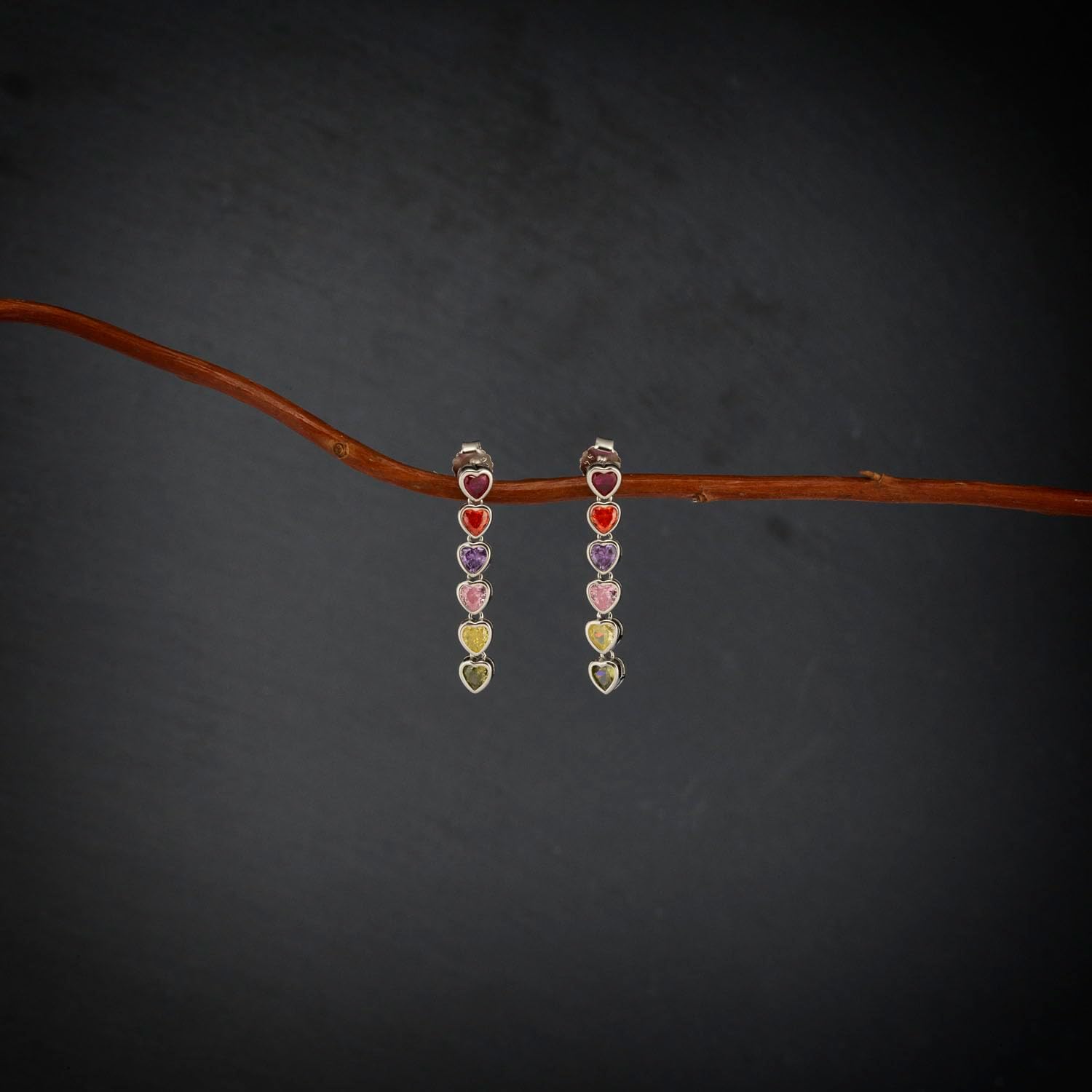 925 Sterling Silver Rhodium Plated Multicolor Heart Drop Earrings for Women, with Gift Pouch