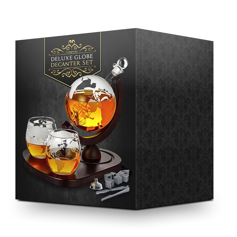 MikaMax - Globe Decanter Deluxe Set – Juego De Decantador De Whisky – Juego De Whisky Hecho A Mano – Incluye 2 Copas