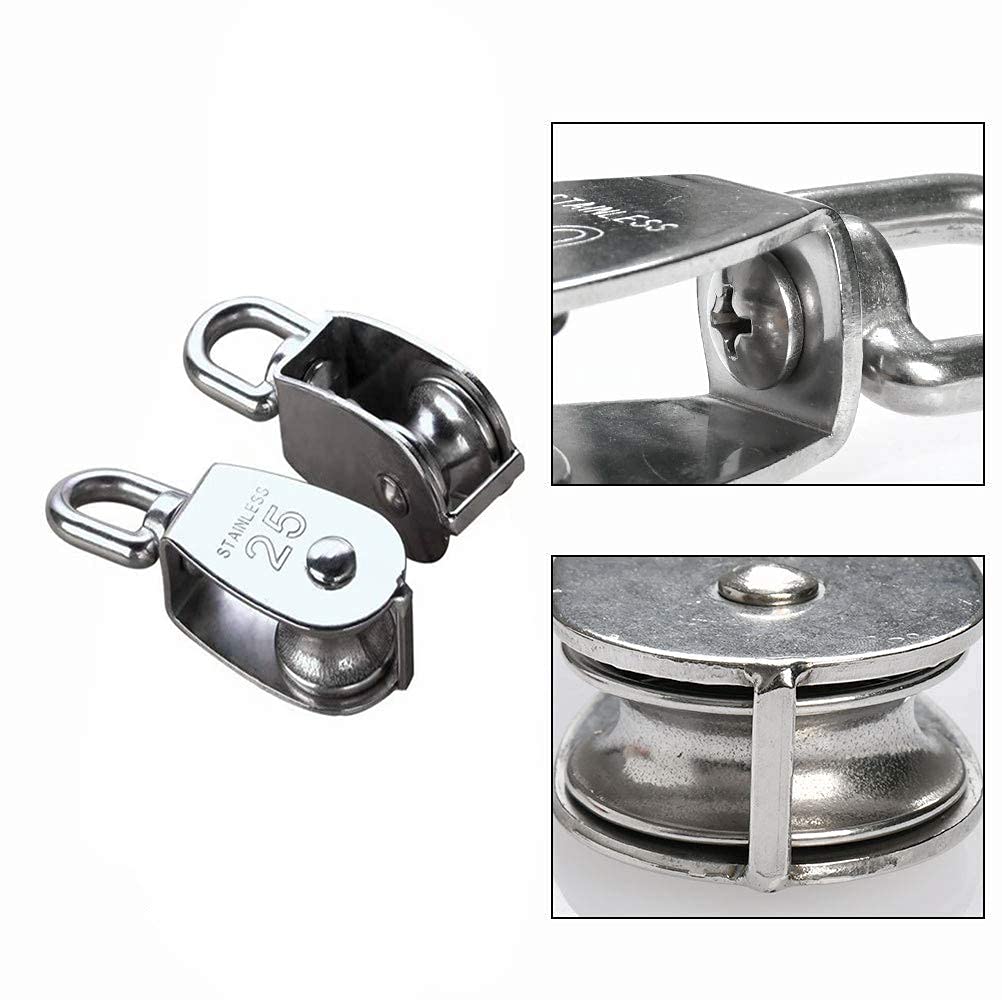 25MM Umlenkrolle, Flaschenzug Einzelsatz in Edelstahl 304, Schalen Riemenscheibe Roller für Seile, Tragkraft 150kg - 2Pack