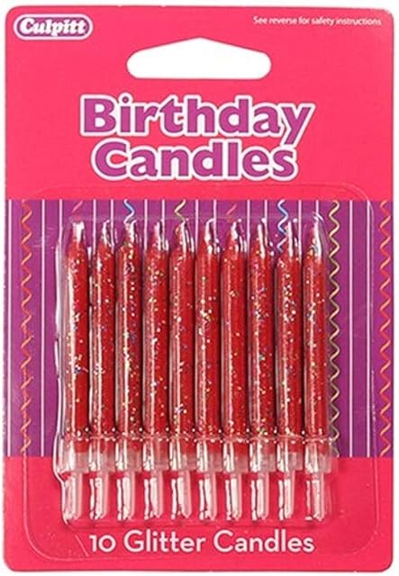 CULPITT Glitter Cake Candles, 10 Pack, Birthday Candle for Cakes & Cupcakes with a Clear Holder, Variety of Glittering Colours, Add Some Sparkle to Birthdays, Anniverseraries, Special Occasions - Red 10