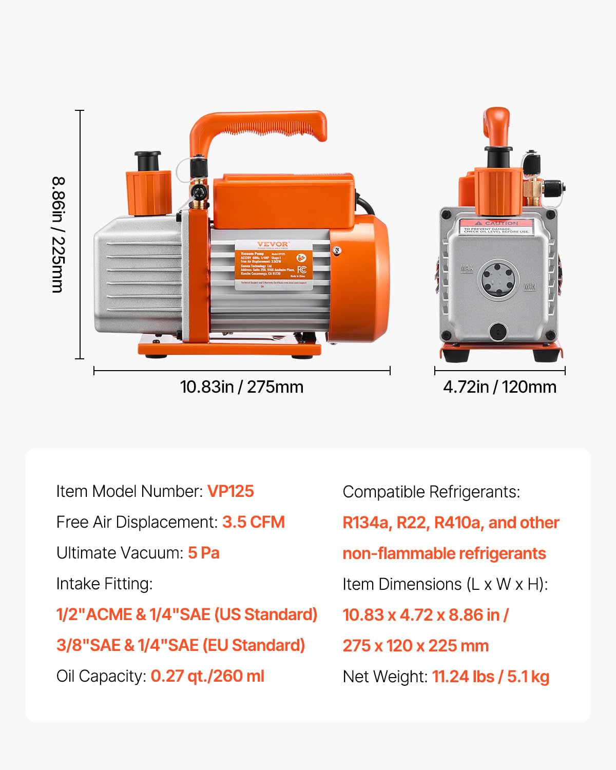 VEVOR Vakuumpumpe, 3,5 CFM, HVAC 1-stufige Drehschieber-Vakuumpumpe, für R134a R22 R410a Systeme, Auto-AC-Vakuumpumpen-Kit mit Ölflasche, für die Wartung von Auto-Klimaanlagen und Harzentgasung