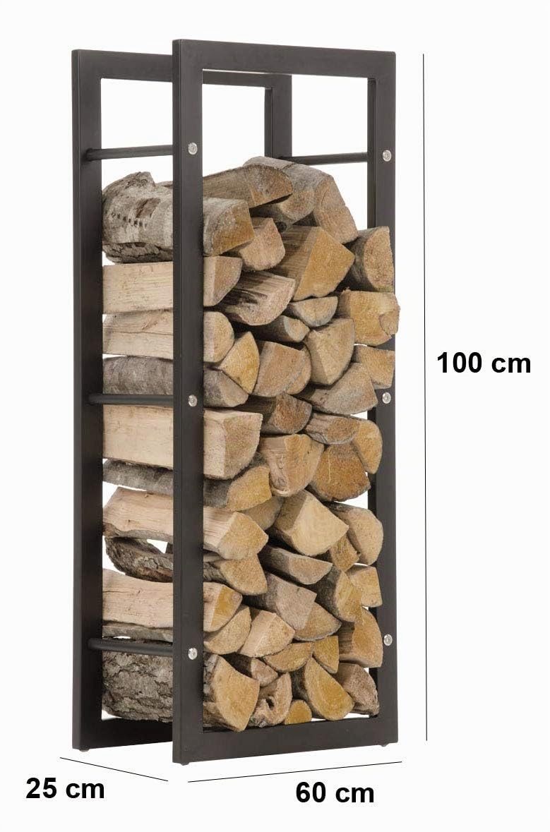 CLP Portalegna Keri in Metallo Nero Opaco I Supporto Legna per Camino in Acciaio Inox I Scaffale Legnaia da Interno Aperto, Dimensione:25x60x100 cm