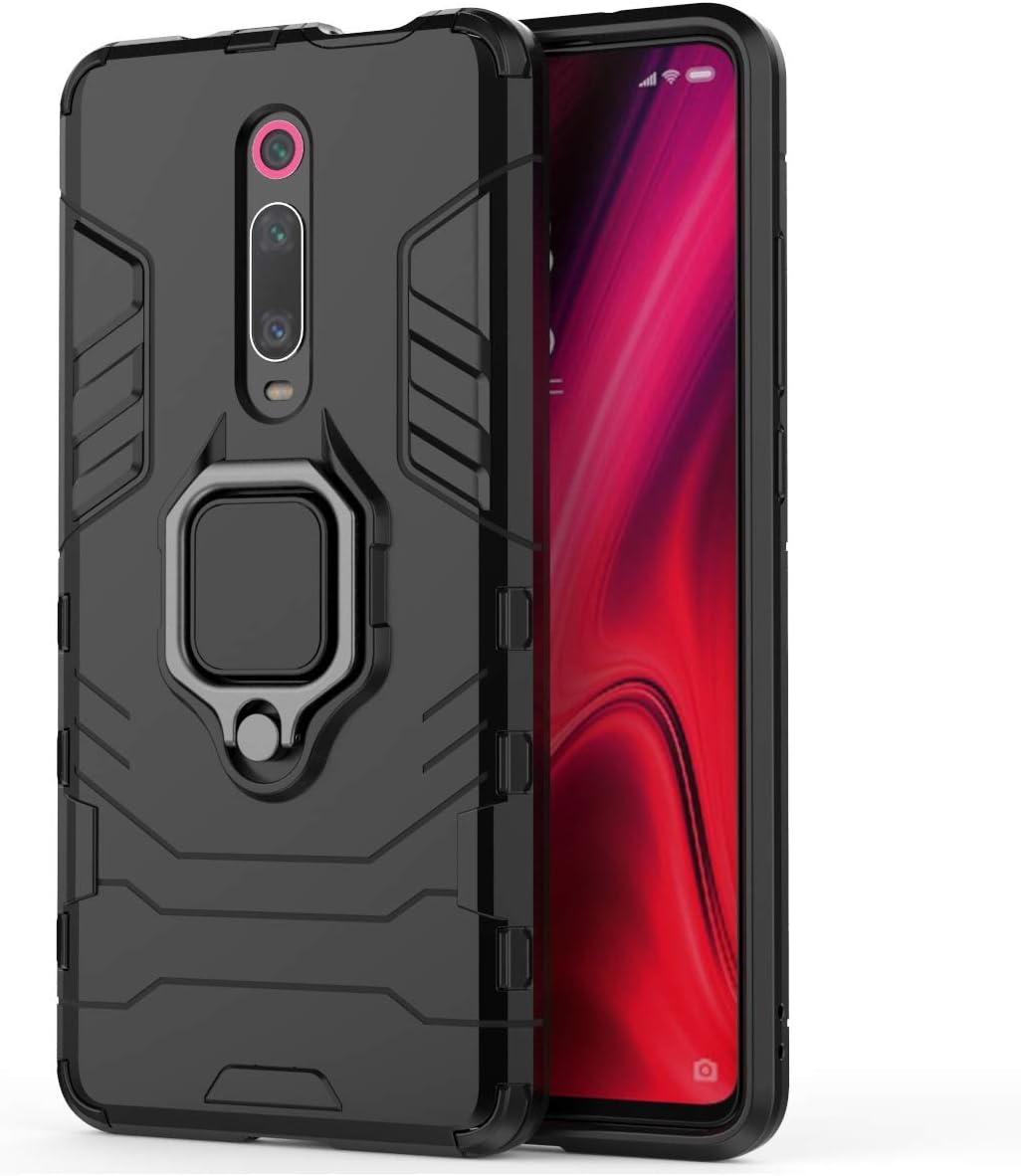 Phone Case for Xiaomi Mi 9T Redmi K20 Pro with Tempered Glass Screen Protector Cover and Magnetic Ring Holder Stand Kickstand Hard Rugged Hybrid Accessories Xiomis Xiami Mi9t T9 K20pro Cases Men Black