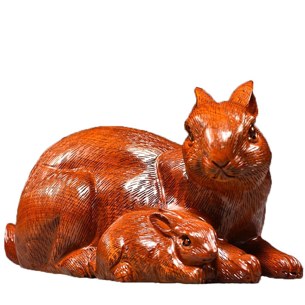 ATREDESES Office Decor Solid Wood Carving Mother And Child Rabbit Ornament Rabbit Mahogany Home Living Room Decoration Crafts Home Decor