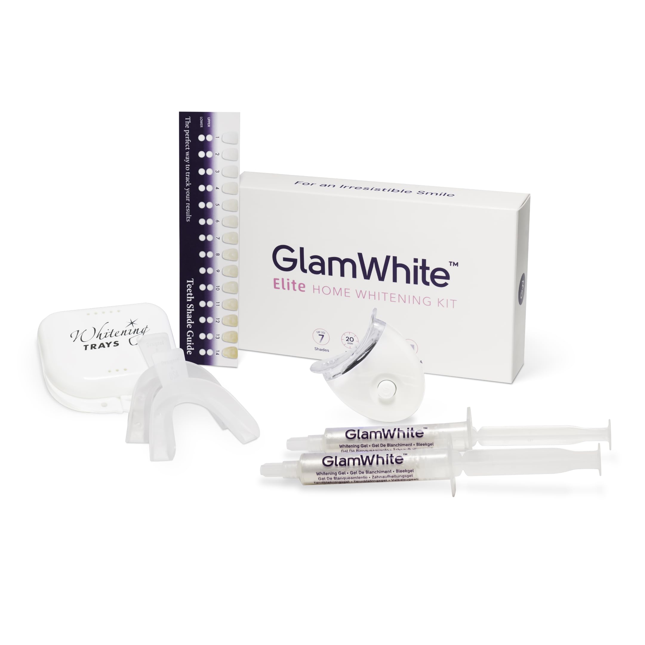 GlamWhite™ Teeth Whitening Kit Elite. 20mL Gel. Up to 14 Applications. No Sensitivity. Made in USA.