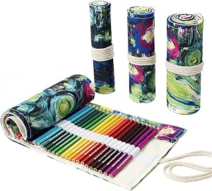 DIYOMR 24/36/72 Slots Pencil Wrap Pencil Rolls, Artist Colored Pencils Roll Up Bag Short Brushes Pouch Case Pencils Organizer for Drawing Coloring and Sketching (Ink Painting, 24slots)
