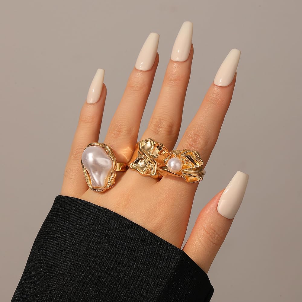 Chunky Gold Statement Rings for Women Vintage Baroque Pearl Stackable Ring Set Charm Gold Adjustable Knuckle Rings Trendy Party Jewelry Accessories - Image 3