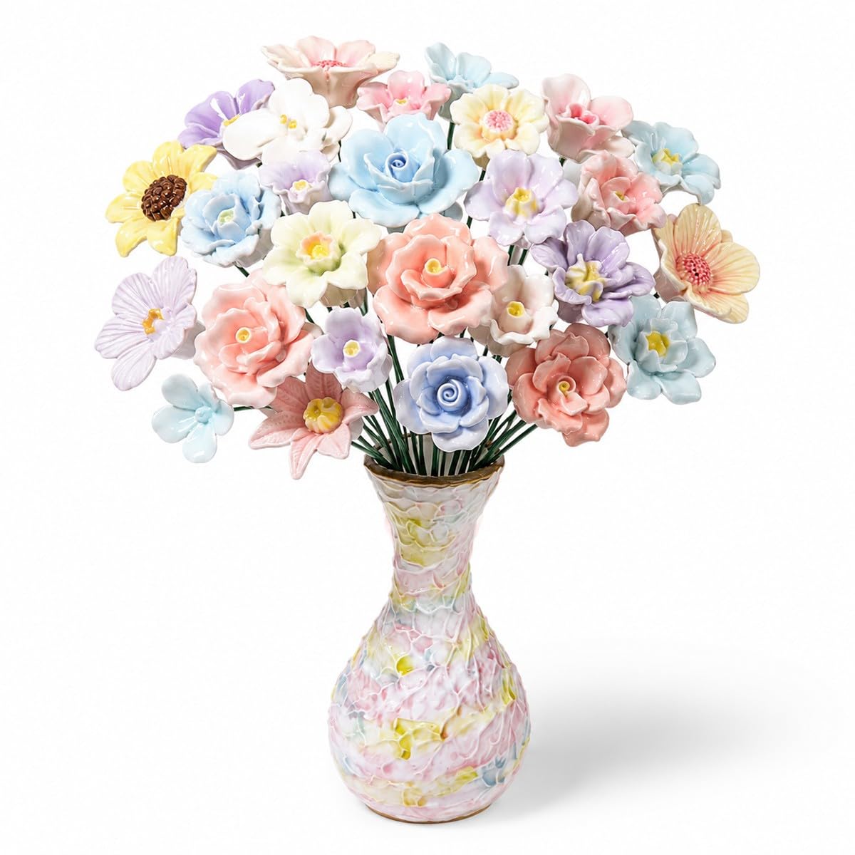 Baannaww Ceramic Flower Bouquet 33 Blooms in Ceramic Vase for Home Decor