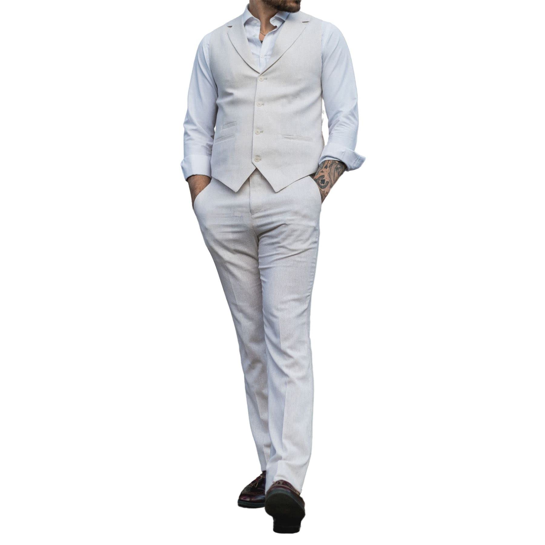TruClothing Mens Summer Suit Waistcoat Trousers Linen Smart Formal Cream Beige Wedding - Cream 42