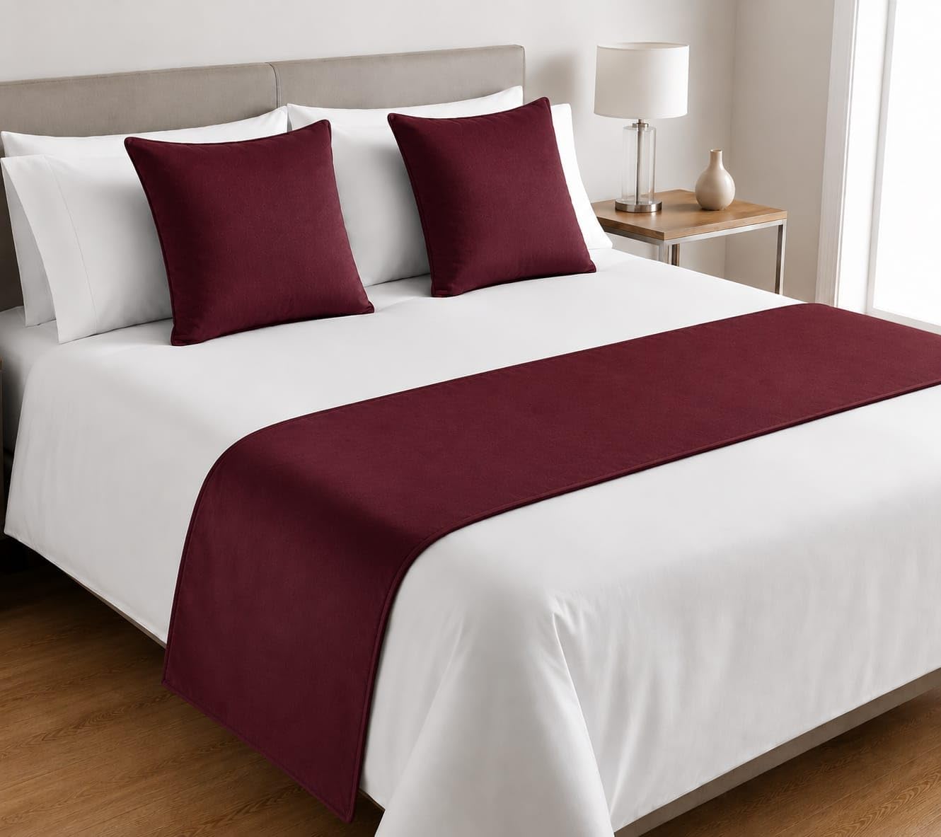 Shri Anand Creations Premium Quilted Velvet King Size Bed Runner with Cushion Covers Set (Bed Runner 18x100 inches, Cushion Cover 16x16 inches) (Wine)-picture-36