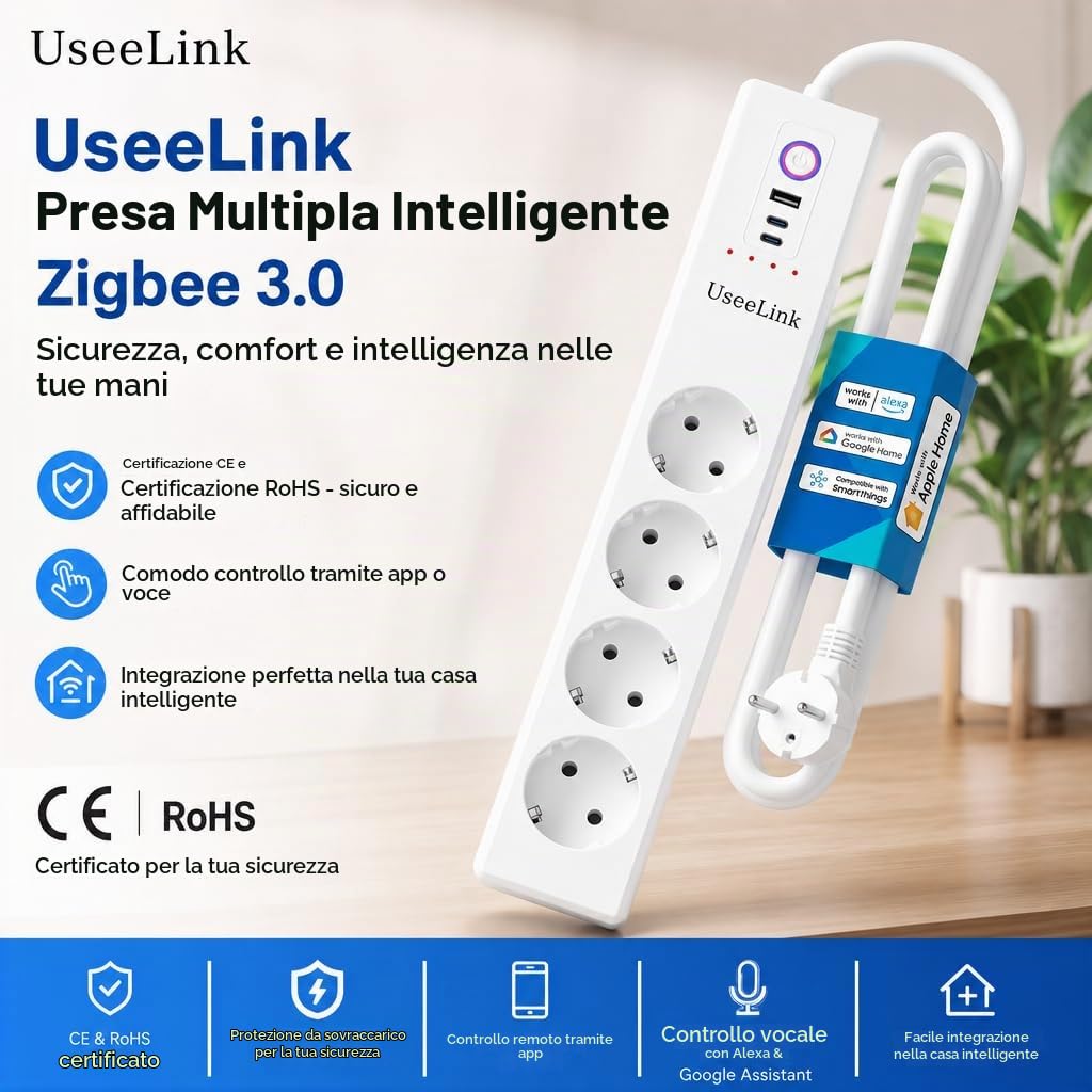 UseeLink Zigbee protezione da sovratensione ciabatta 10A 4 prese CA interruttori individuali 2 protezione da sovraccarico timer USB nessun hub richiesto Certificato CE Bianco