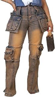 Vaceky Stretch Cargo Jeans Women High Waisted Straight Leg Denim Pants
