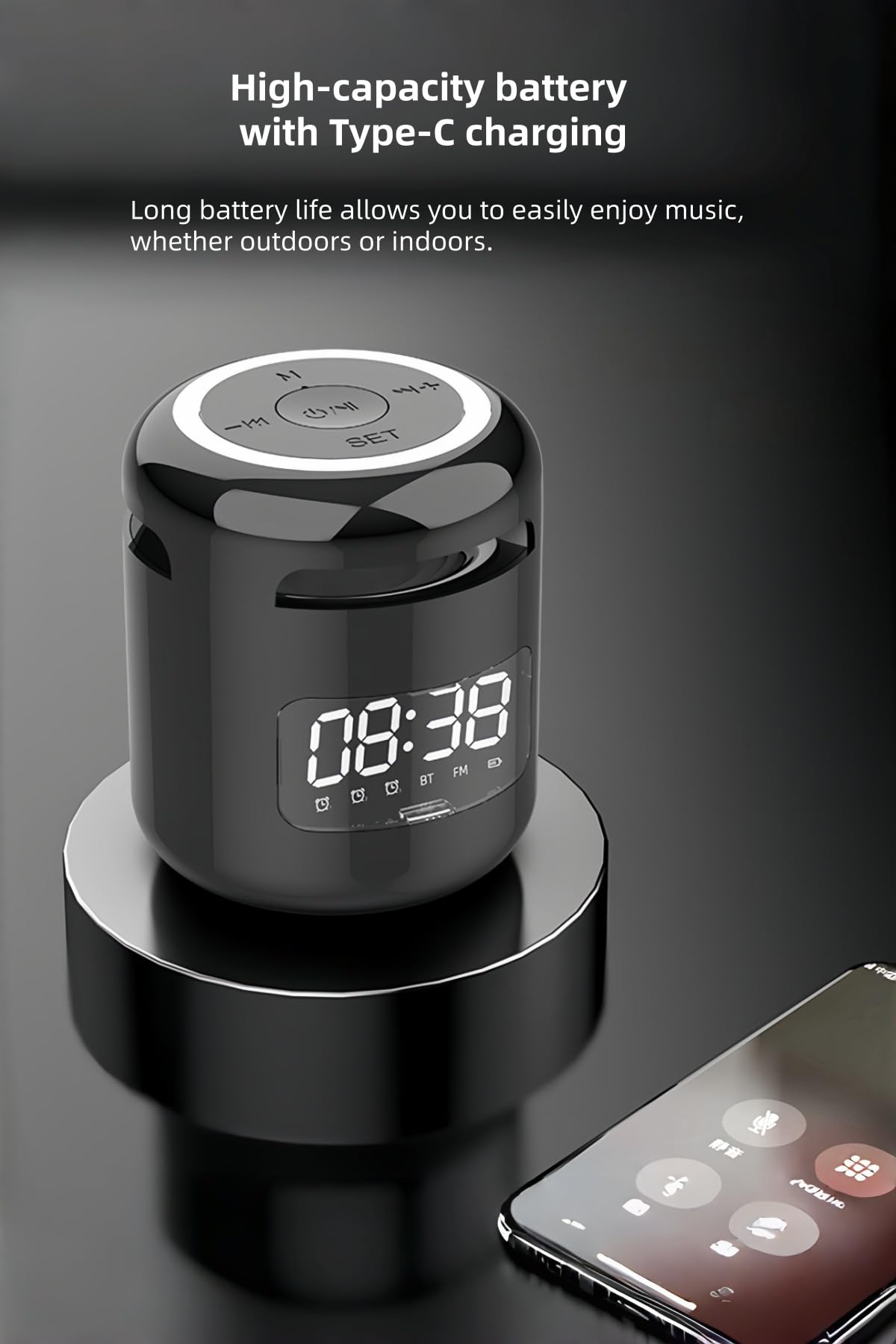 Sveglia Bluetooth ricaricabile, subwoofer portatile Hi-Fi per esterni, cassa acustica compatta con radio FM, audio da viaggio per casa o campeggio (Black)