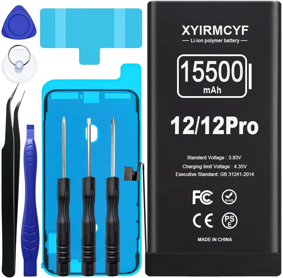 XYIRMCYF 15500mAh Super Capacity Battery Compatible with iPhone 12/12 Pro, 0 Cycle Li-Polymer Replacement Battery for iPhone 12/12 Pro, with Professional Repair Tool Kit