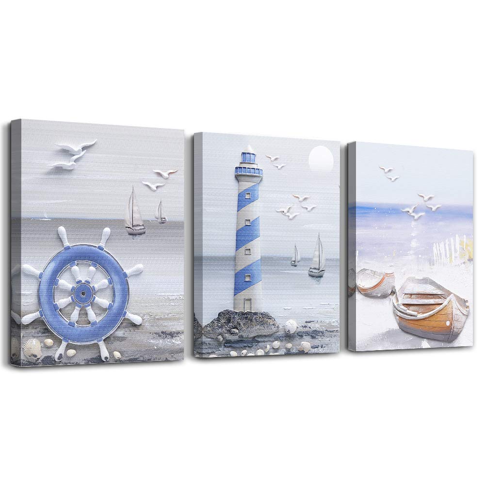 Marine Theme Canvas Wall Art Paintings for Living Room farmhouse Wall Artworks office Bedroom Decoration The Lighthouse and Boat Pictures Home Bathroom Wall Decor Posters, 12x16 inch/Piece, 3 Panels