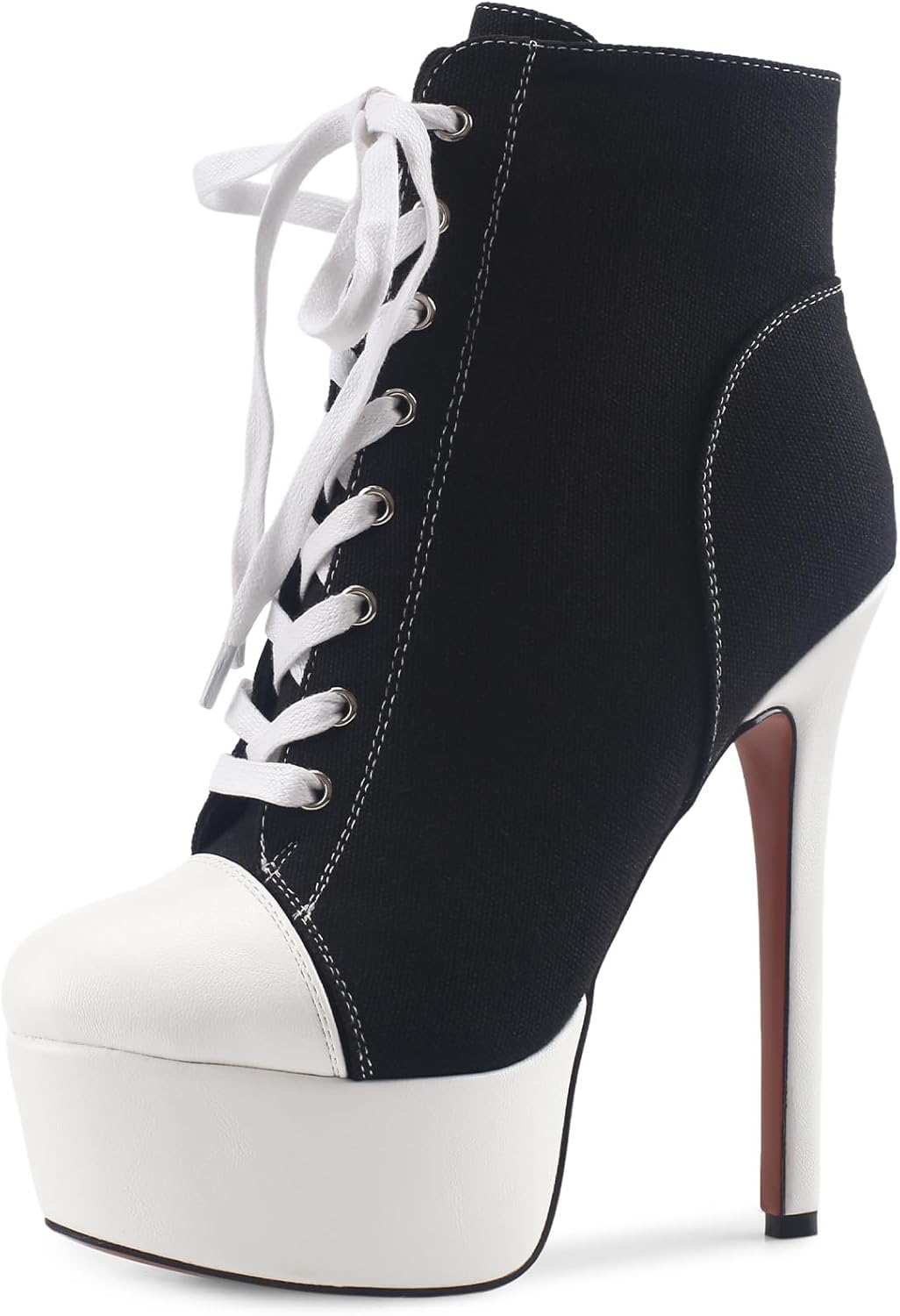 Women's Black Platform Ankle Boots Stiletto High Heel Short Boot Lace-Up Canvas Sneaker Booties Closed Round Toe Shoes with Side Zipper for Ladies Sexy Spring Fall Winter