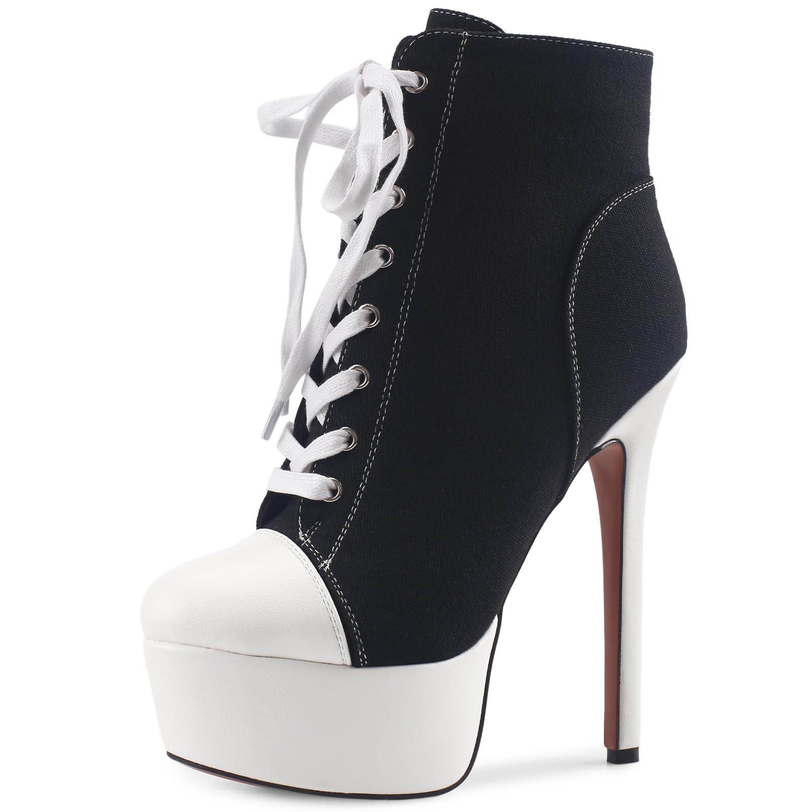 Womens Black Platform Ankle Boots Stiletto High Heel Short Boot Lace-Up Canvas Sneaker Booties Closed Round Toe Shoes