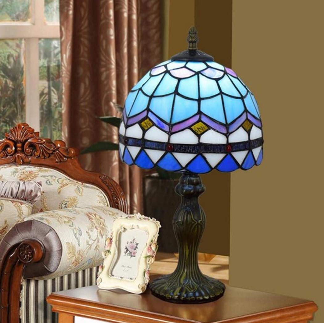 Stół w stylu Retro Art Stained Glass'ego lampka nocna na biurko 8 cali witraż morski błękit lampy odcień 1 lekka antyczna aluminiowa podstawa do salonu zestaw do sypialni