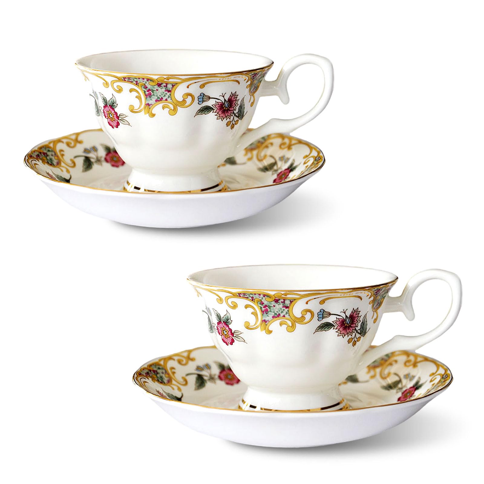 Lot de 2 tasses à café en porcelaine anglaise avec soucoupes de 200 ml - Motif floral - Tasse à thé - Cadeau pour le thé de l'après-midi (C)