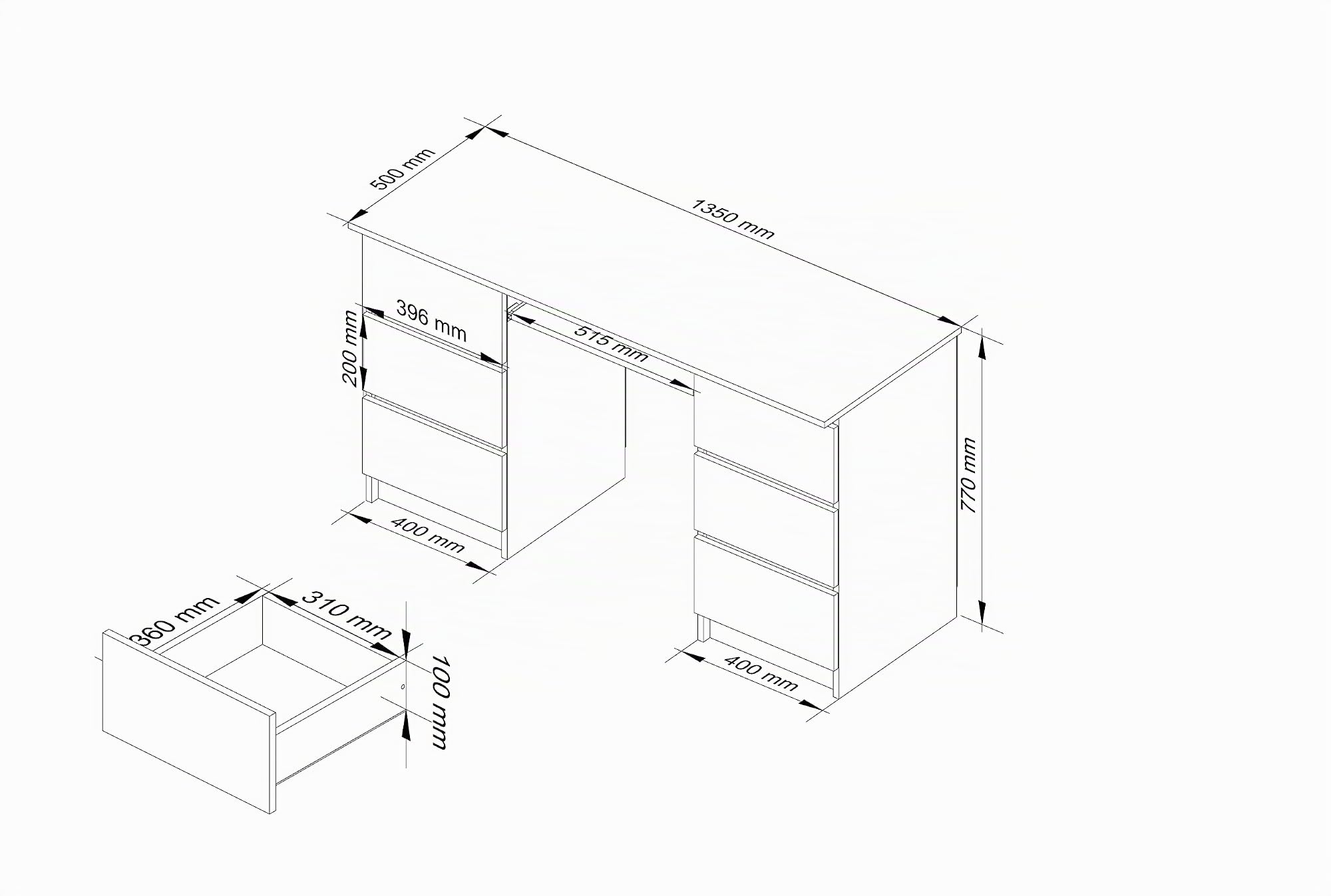 Schreibtisch Klein mit Schubladen | Office Desk | Computertisch | Bürotisch mit Tastaturablage | Holz Deko | B135 x H77 x T50 cm, 60 kg