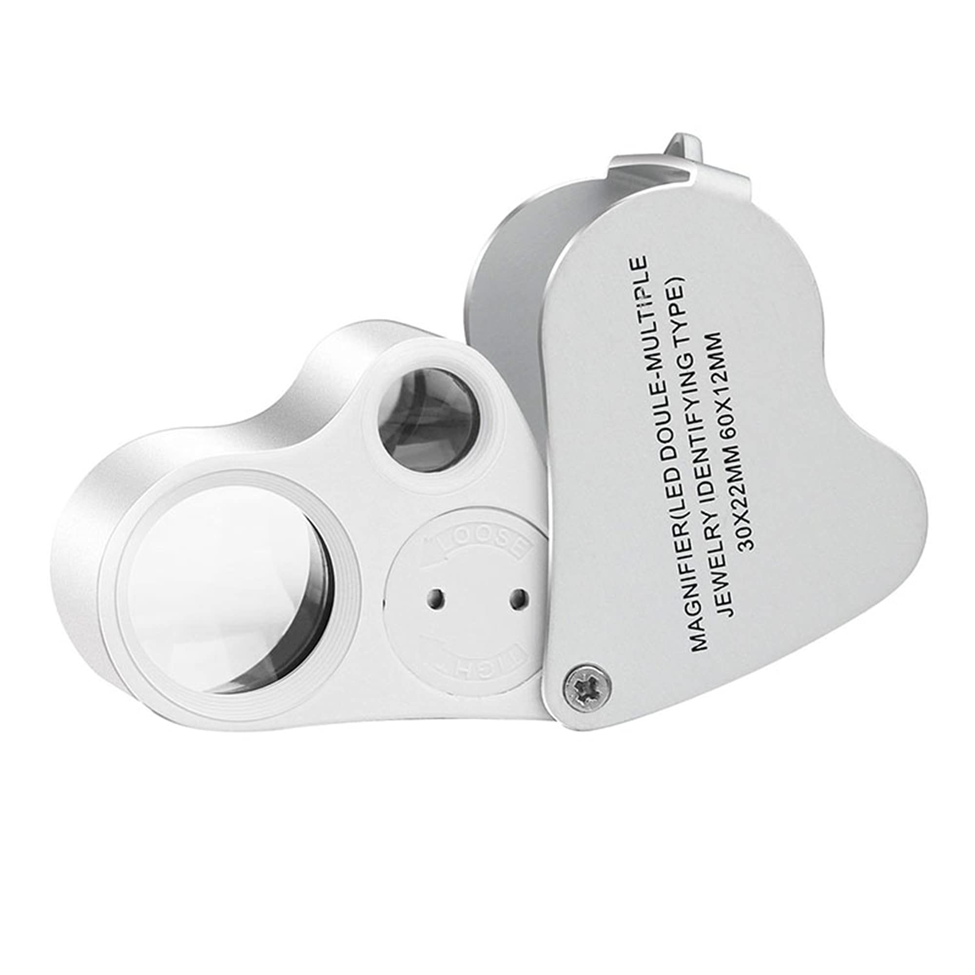 Lupa de joyería de 30 x 60 aumentos con luz, lupa plegable para joyería, lupa de joyería con luz LED, para tricomas, monedas, diamantes, joyas, gemas, plantas, sellos, etc. (blanco)