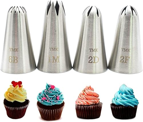 Paquete de 4 puntas de glaseado de acero inoxidable sin costuras #1M 2D 2F 6B, boquilla de tubería grande, herramientas de decoración de pasteles