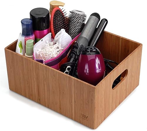 Miniatura 9 de Caja de almacenamiento de bambú, 14 x 11 x 6.5 pulgadas, contenedor duradero con asas, apilable, para juguetes, ropa de cama, ropa de bebé,