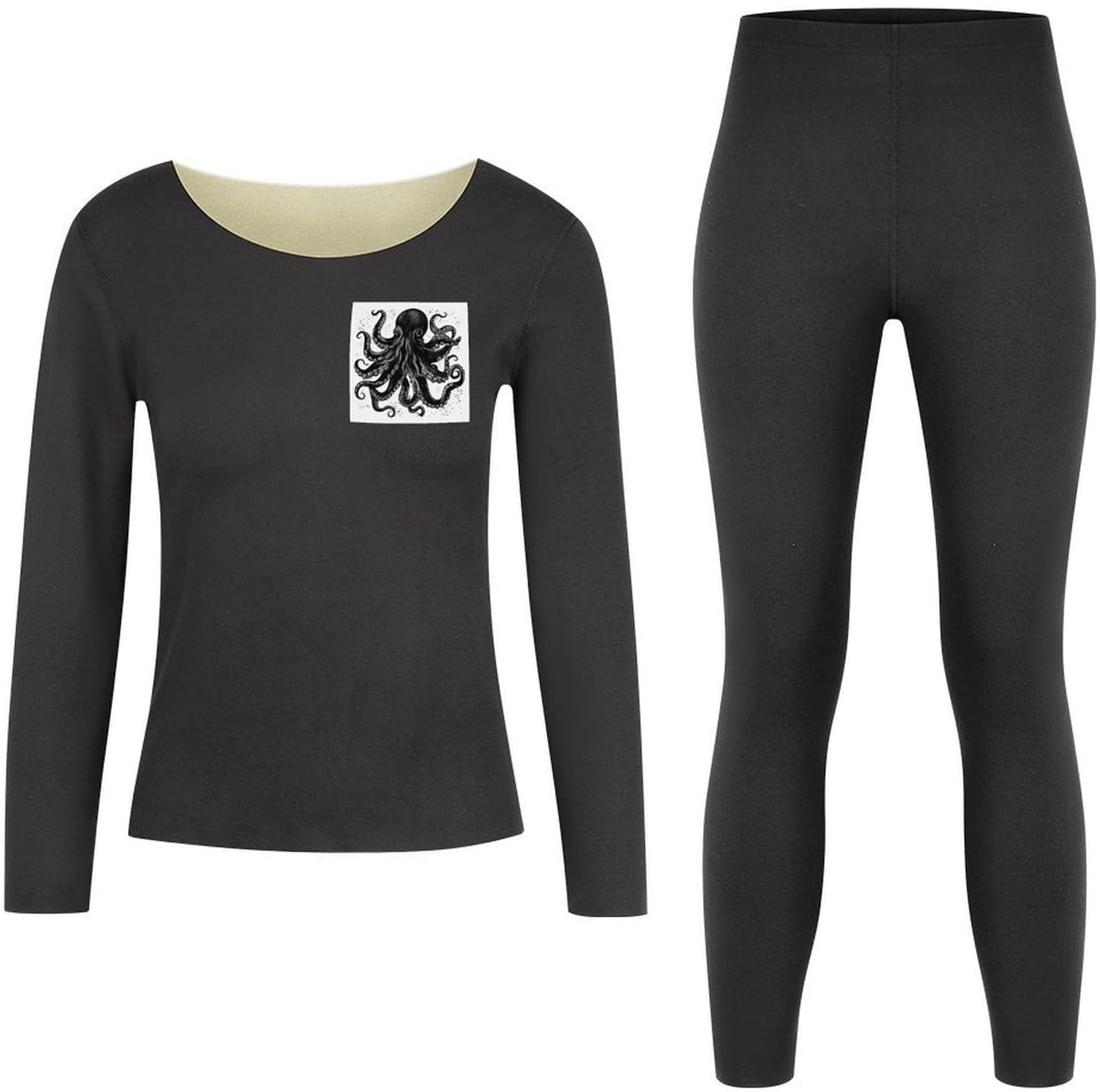 Women's Classic Black Octopus Thermal Underwear Set Soft Long Johns Base Layer Top & Bottom for Cold Weather