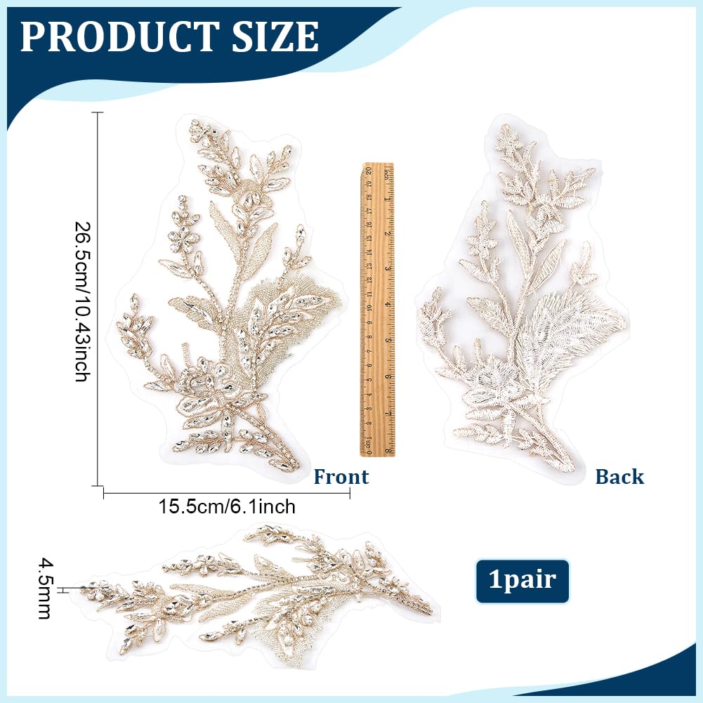 FINGERINSPIRE 1 Paio Applicazioni a Forma di Foglie con Specchietto Strass 265x155x4.5mm Toppa a Forma di Foglia Bianca con Perline di Vetro Bianche, Decorazione per Abito da Sposa, Velo da Sposa