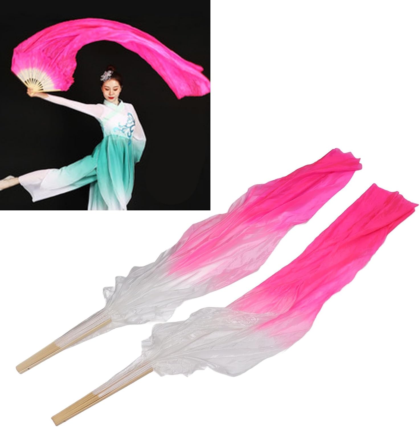 Long Dance Fan, Chinese Hand Made Veils Long Fans Long Silk Fans Veil Silk Fan for Belly Dance Performance Learning ( and Rose Red)