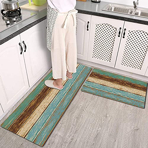 Kitchen Mat 2 Pcs Teal Kitchen Rugs And Mats Wood Texture Abstract Art Cushioned Kitchen Rugs 17"X48"+17"X24" Kitchen Decor Non-Slip Kitchen Rug Set For Kitchen Floor #TOP2