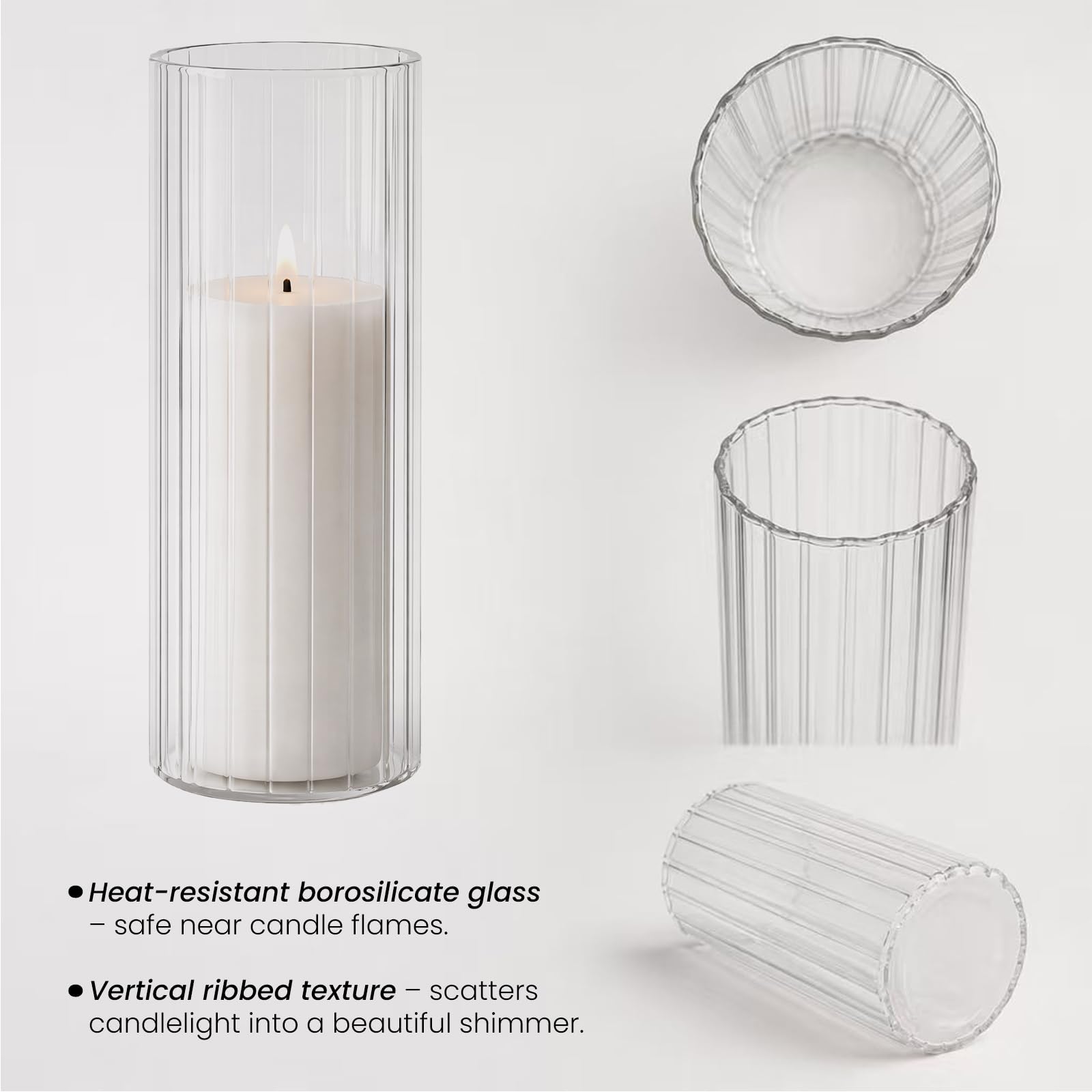 Hurricane-Vasen aus klarem geripptem Glas mit weißen Stumpenkerzen, 3 Größen, für Hochzeitsdekoration, Heimdekoration, winddicht und langlebig, 12 Stück