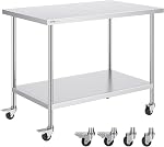 VEVOR Stainless Steel Work Table with Wheels 24 x 30 Prep Table with casters Heavy Duty Work Table for Commercial Kitchen Restaurant Business