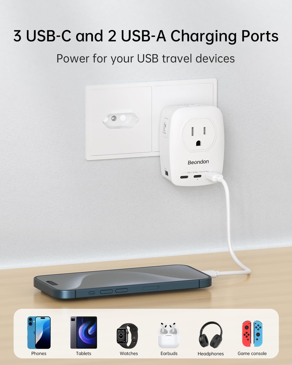 BEONDON European Travel Plug Adapter, Travel Adapter with 5 USB Ports (3 USB-C) and 2 Outlets, Type C/G/E/F Detachable Plug Adapter, US to UK, France, Germany, Italy, Spain