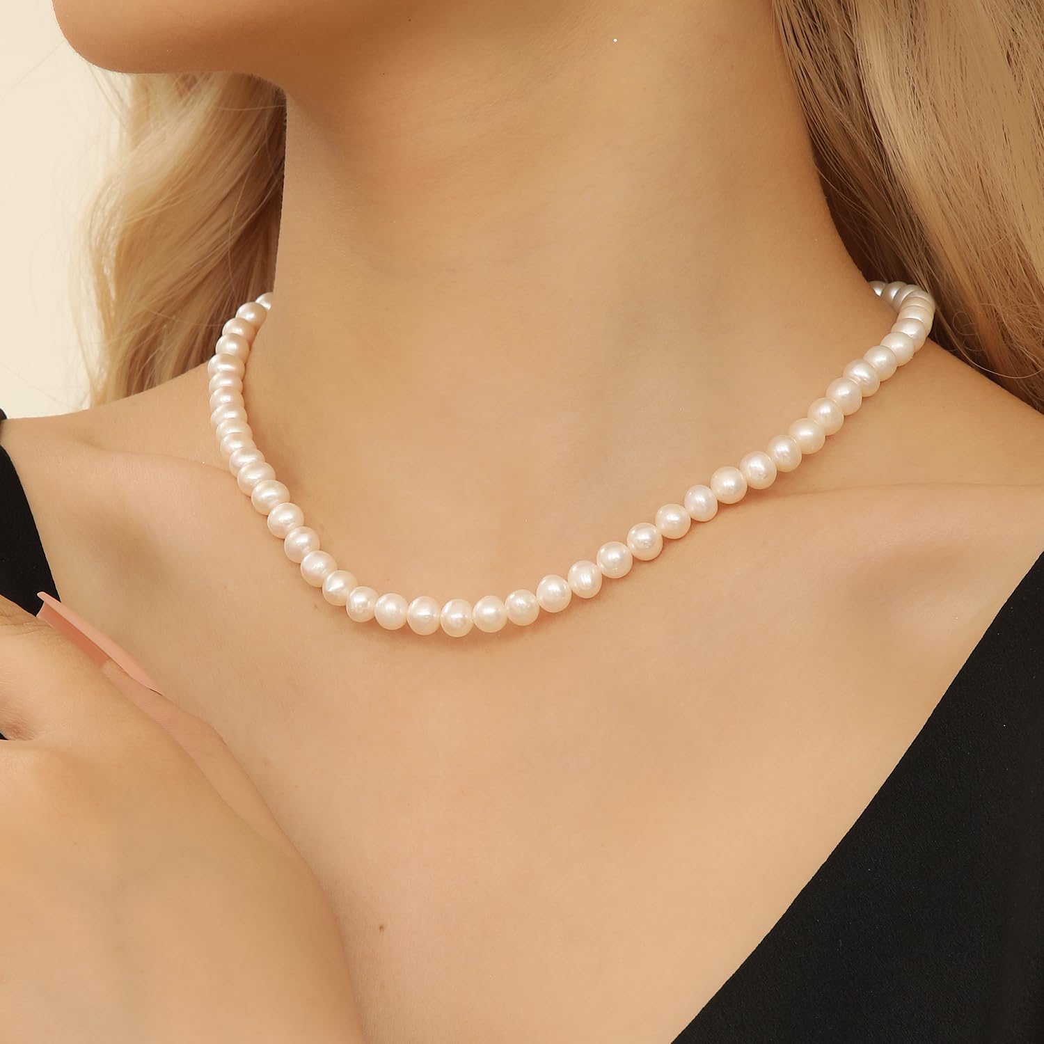 AAA+ Freshwater Pearls Necklace for Women | 6.5-7mm Round White Pearls with 925 Sterling Silver Clasp - 18 inch Single Strand Pearl Necklace - Image 2